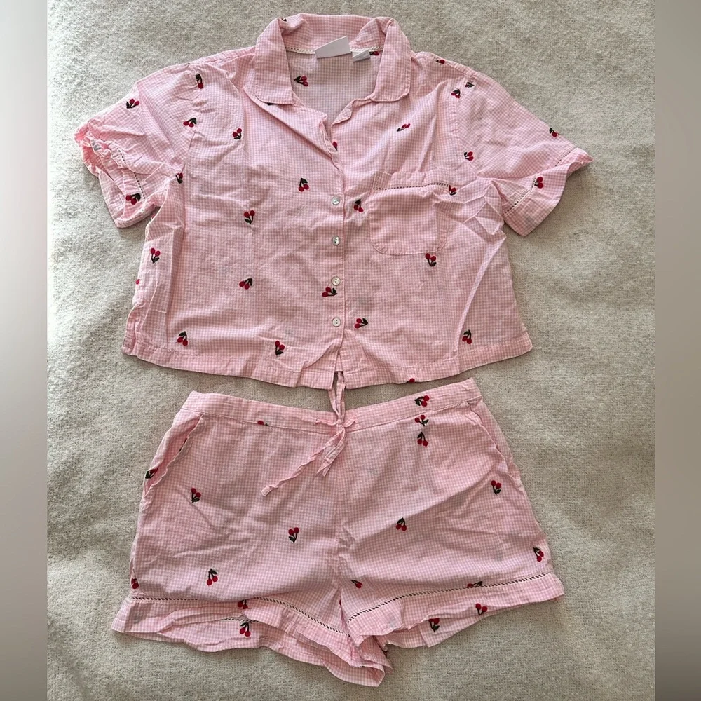 Cynthia Rowley Pink Gingham with Embroidered Cherries Pajama Set - Size Medium - Picture 1 of 7